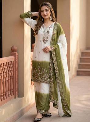 White And Mehndi Green Color Sequence And Embroidery Work Georgette Salwar Suit 2