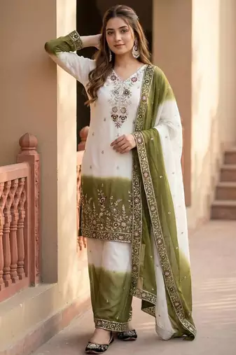 White And Mehndi Green Color Sequence And Embroidery Work Georgette Salwar Suit