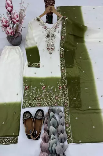 White And Mehndi Green Color Sequence And Embroidery Work Georgette Salwar Suit