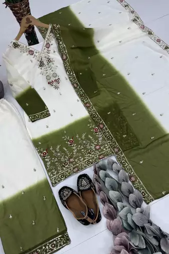 White And Mehndi Green Color Sequence And Embroidery Work Georgette Salwar Suit