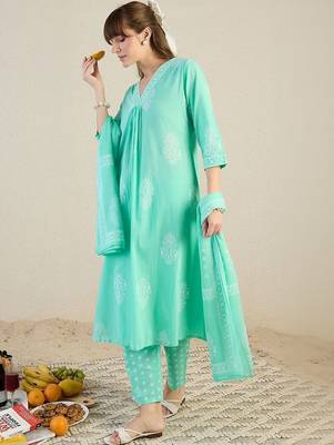 Women Ethnic Motifs Printed Regular Thread Work Pure Cotton Kurta with Trousers & With Dupatta 1