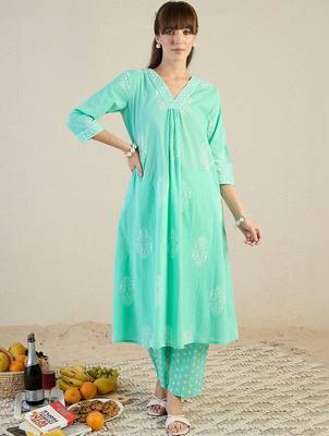 Women Ethnic Motifs Printed Regular Thread Work Pure Cotton Kurta with Trousers & With Dupatta 5