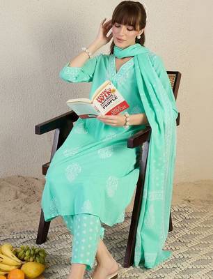 Women Ethnic Motifs Printed Regular Thread Work Pure Cotton Kurta with Trousers & With Dupatta 6