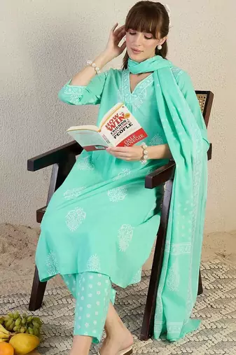 Women Ethnic Motifs Printed Regular Thread Work Pure Cotton Kurta with Trousers & With Dupatta