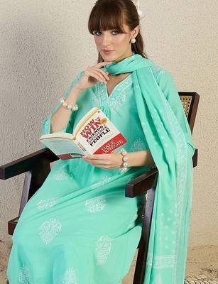 Women Ethnic Motifs Printed Regular Thread Work Pure Cotton Kurta with Trousers & With Dupatta 7