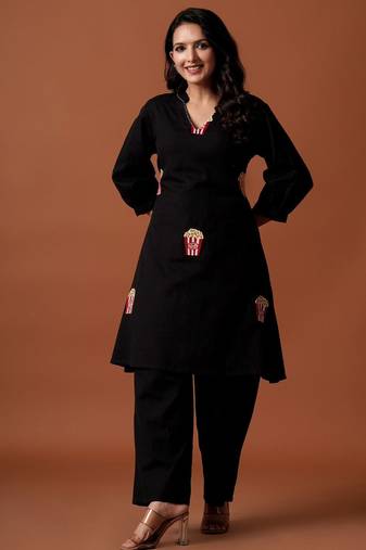 Women Regular  Cotton Embroidered A-Line Kurta & Palazzos Kurta Sets