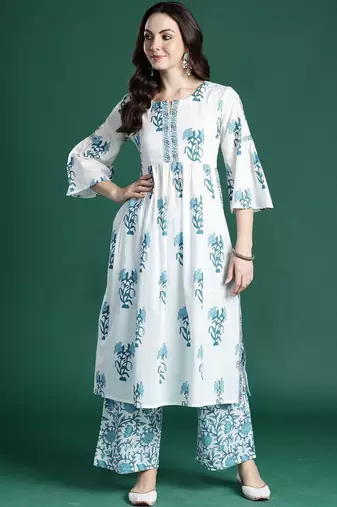 Women Floral Printed Cotton A-Line Kurta with Palazzos