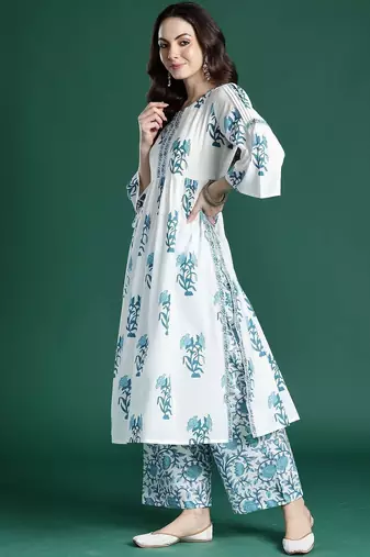 Women Floral Printed Cotton A-Line Kurta with Palazzos