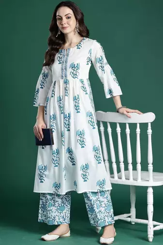 Women Floral Printed Cotton A-Line Kurta with Palazzos