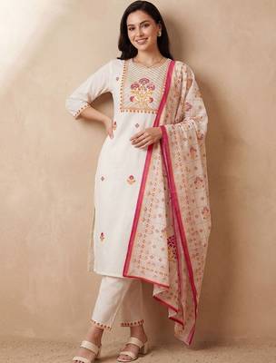 Women Floral Embroidered Regular Thread Work Pure Cotton Kurta with Trousers & With Dupatta 1