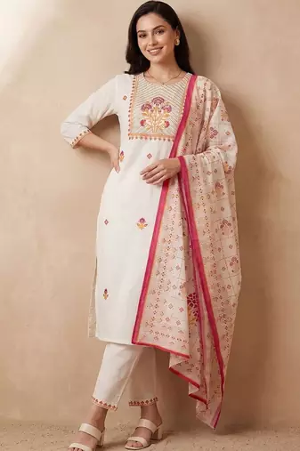 Women Floral Embroidered Regular Thread Work Pure Cotton Kurta with Trousers & With Dupatta