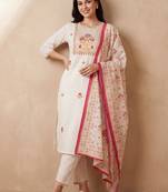 Women Floral Embroidered Regular Thread Work Pure Cotton Kurta with Trousers & With Dupatta