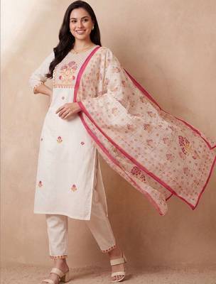 Women Floral Embroidered Regular Thread Work Pure Cotton Kurta with Trousers & With Dupatta 3