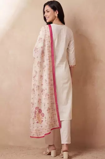 Women Floral Embroidered Regular Thread Work Pure Cotton Kurta with Trousers & With Dupatta