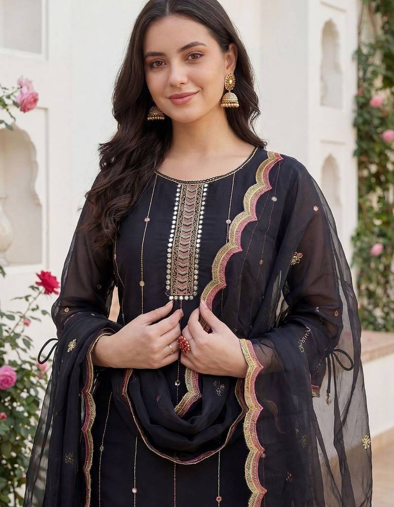 Women Floral Embroidered Regular Mirror Work Kurta with Trousers & With Dupatta