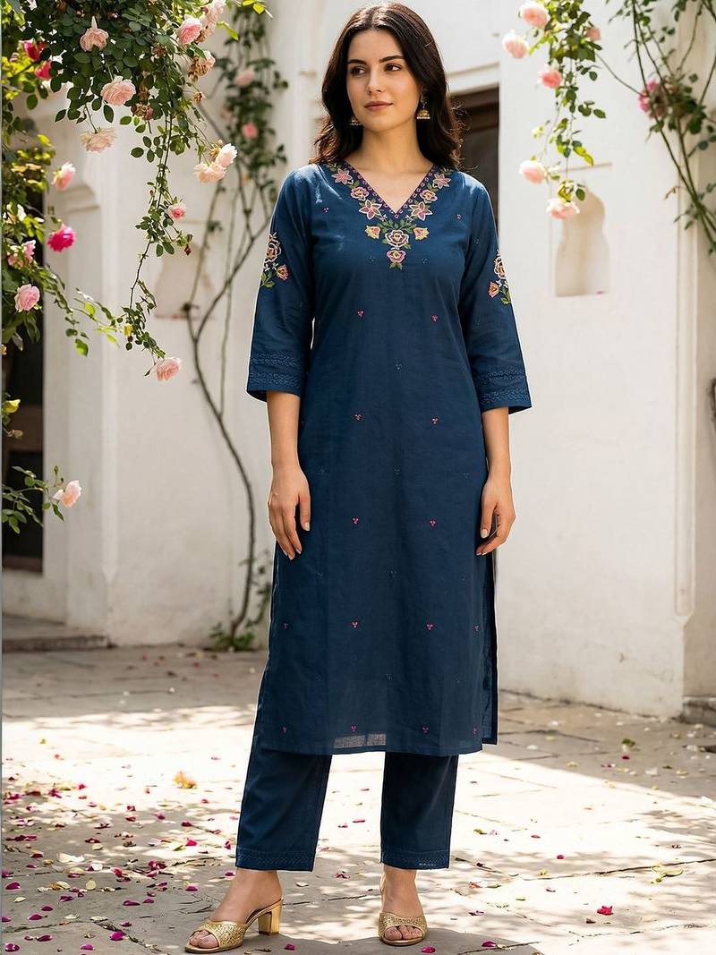 Women Ethnic Motifs Embroidered Regular Thread Work Pure Cotton Kurta with Trousers