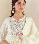 Women Floral Embroidered Empire Thread Work Pure Cotton Kurta with Trousers & With Dupatta