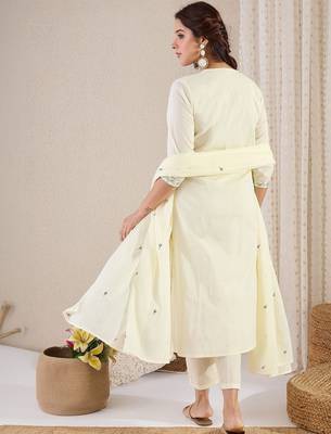 Women Floral Embroidered Empire Thread Work Pure Cotton Kurta with Trousers & With Dupatta 5