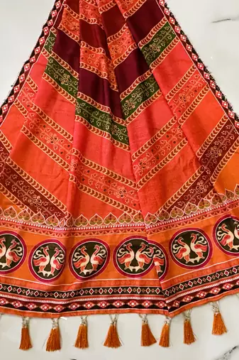 Navratri Ajrakh Print Rayon Lehenga Choli & Blouse With Dupatta
