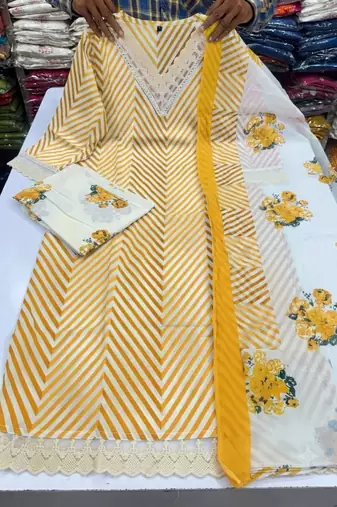 Women's Cotton Lehriya Printed Kurta and Floral print  Pant with Dupatta Set