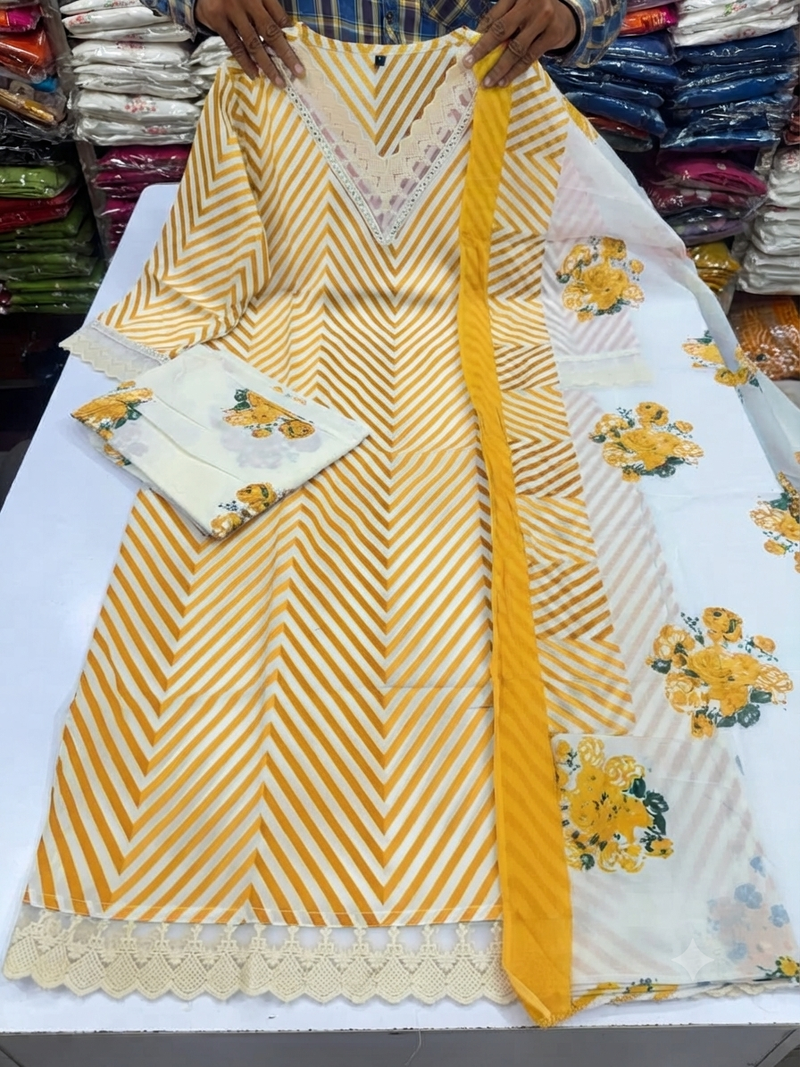 Women's Cotton Lehriya Printed Kurta and Floral print  Pant with Dupatta Set