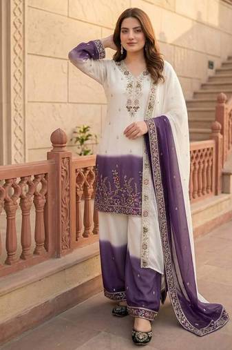 White And Purple Color Sequence And Embroidery Work Georgette Salwar Suit