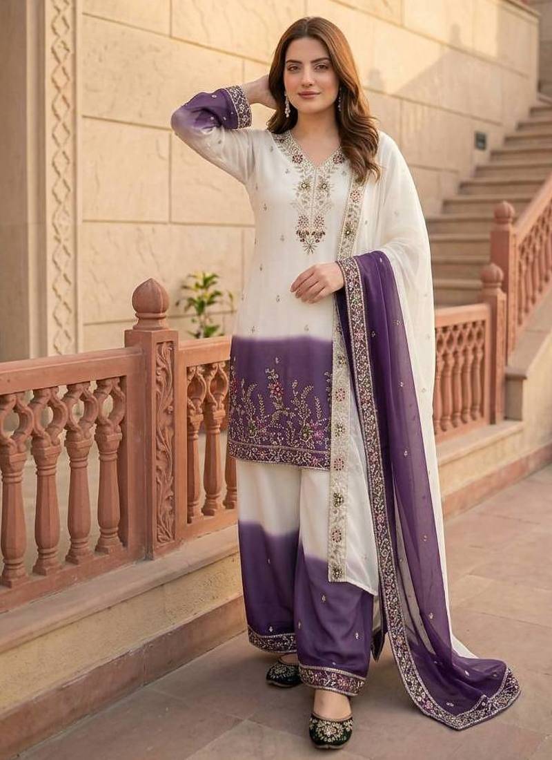 White And Purple Color Sequence And Embroidery Work Georgette Salwar Suit