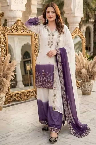 White And Purple Color Sequence And Embroidery Work Georgette Salwar Suit