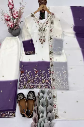 White And Purple Color Sequence And Embroidery Work Georgette Salwar Suit