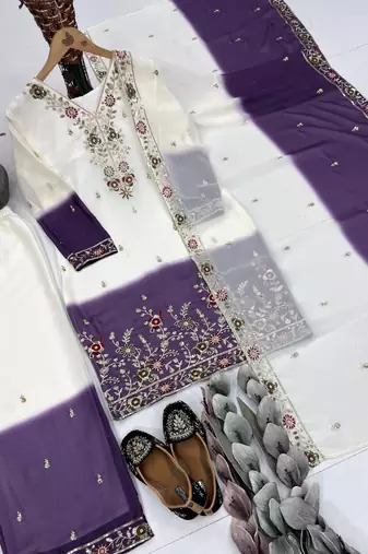 White And Purple Color Sequence And Embroidery Work Georgette Salwar Suit