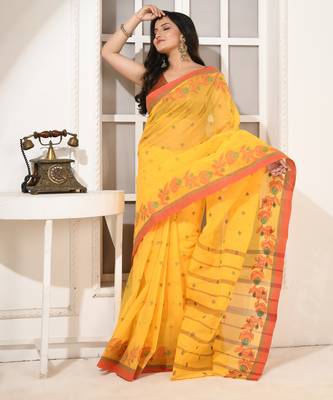 women's phoolrekha traditional bengal tant cotton blend saree without blouse piece 3