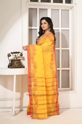 women's phoolrekha traditional bengal tant cotton blend saree without blouse piece