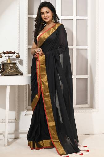 women's black affair soft cotton blend linen  saree with blouse piece