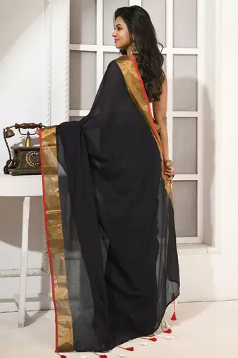 women's black affair soft cotton blend linen  saree with blouse piece