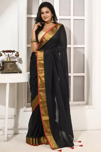 women's black affair soft cotton blend linen  saree with blouse piece