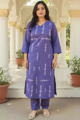 Ethnic Motifs Embroidered Thread Work Pure Cotton Straight Kurta With Trousers