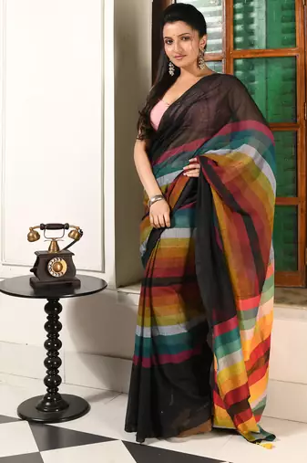 women's royal rainbow soft mul cotton blend saree with blouse piece