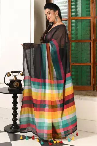 women's royal rainbow soft mul cotton blend saree with blouse piece