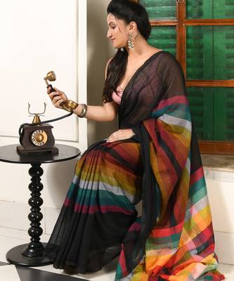 women's royal rainbow soft mul cotton blend saree with blouse piece 4