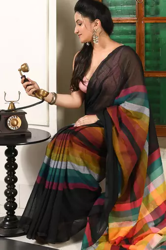 women's royal rainbow soft mul cotton blend saree with blouse piece