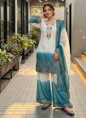 White And Teal Color Sequence And Embroidery Work Georgette Salwar Suit 1