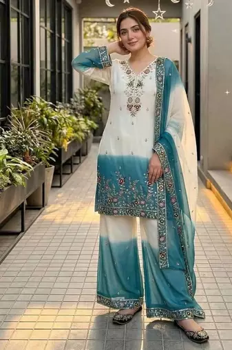 White And Teal Color Sequence And Embroidery Work Georgette Salwar Suit