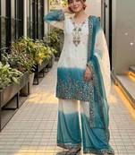 White And Teal Color Sequence And Embroidery Work Georgette Salwar Suit
