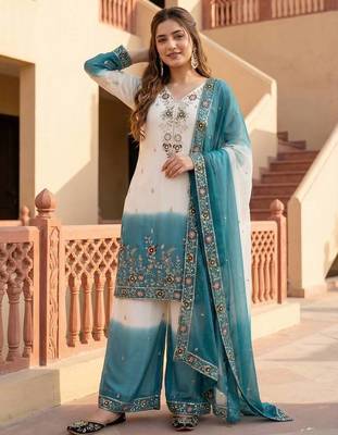 White And Teal Color Sequence And Embroidery Work Georgette Salwar Suit 2