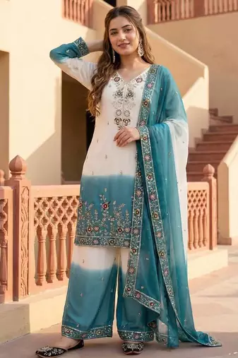 White And Teal Color Sequence And Embroidery Work Georgette Salwar Suit