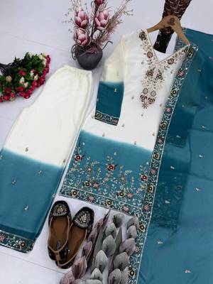 White And Teal Color Sequence And Embroidery Work Georgette Salwar Suit 3