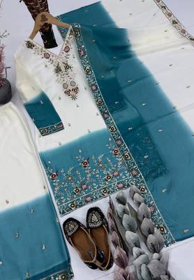 White And Teal Color Sequence And Embroidery Work Georgette Salwar Suit 4