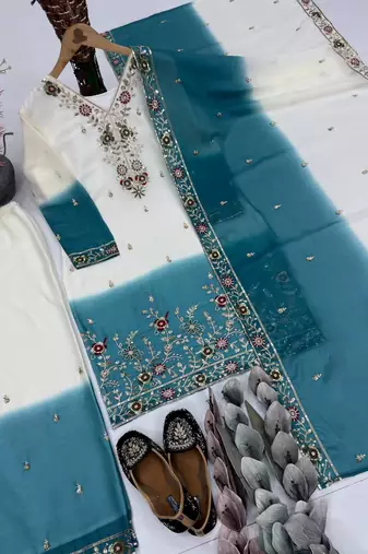 White And Teal Color Sequence And Embroidery Work Georgette Salwar Suit
