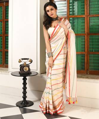 women's swarnarekha cotton blend linen saree without blouse piece 4