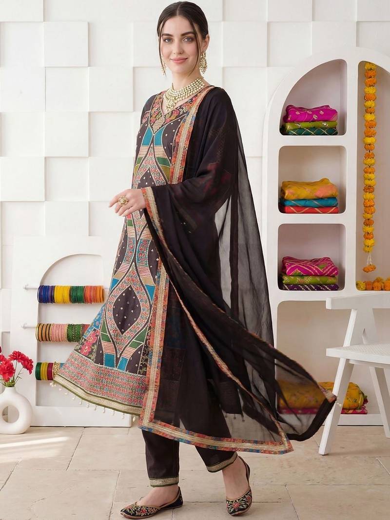 Women Ethnic Motifs Printed Regular Mirror Work Kurta with Palazzos & With Dupatta